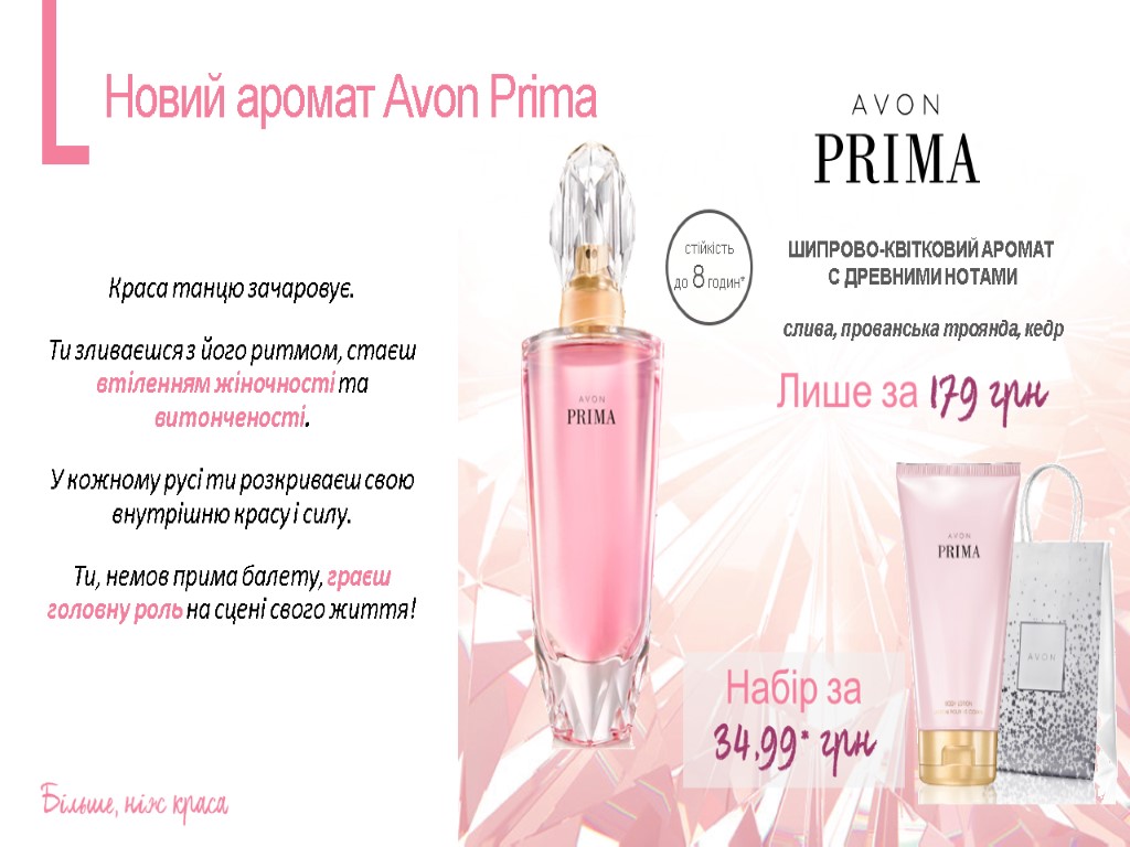 Новий аромат Avon Prima ШИПРОВО-КВІТКОВИЙ АРОМАТ С ДРЕВНИМИ НОТАМИ слива, прованська троянда, кедр Краса